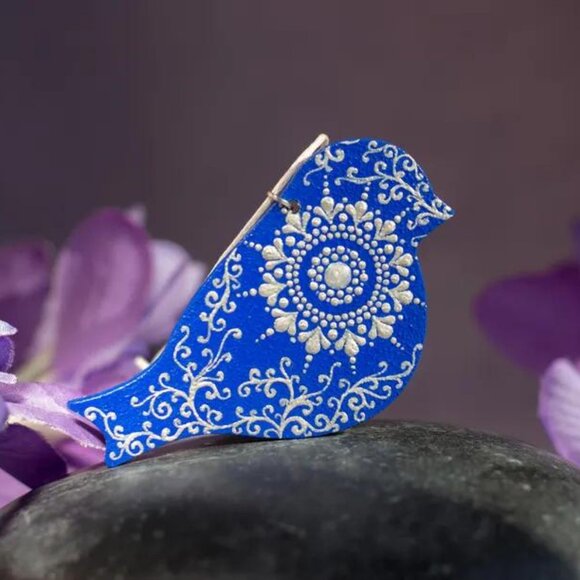 Bird Shaped Mandala Ornament Dot Art: Hand-Painted Acrylic Blue Ornament - Picture 1 of 3